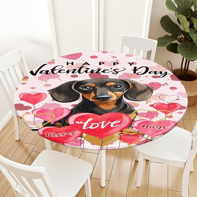 Valentines Day Round Fitted Tablecloth with Elastic Pink Love Heart Dog Circle Table Cloth for 48-52" Tables Wipeable Waterproof Washable Valentine Puppy Table Cover for Picnic Dining Party Decor