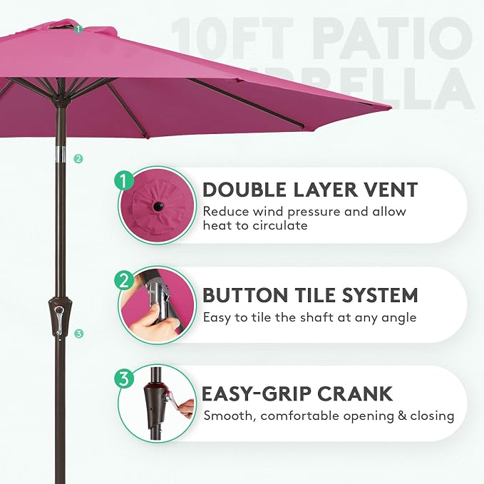 JEAREY 10 ft Outdoor Patio Umbrella w/Tilt and Crank, Rose Pink | 8 Sturdy Ribs - Image 2