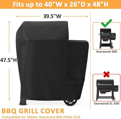 Grill Cover for Weber Searwood 600 Pellet Series, Waterproof Smoker Cover for Weber Grills Searwood 600 Pellet Grill 3400145 Smoker Models, 600D Pellet BBQ Cover Replacement for Searwood 600 Cover