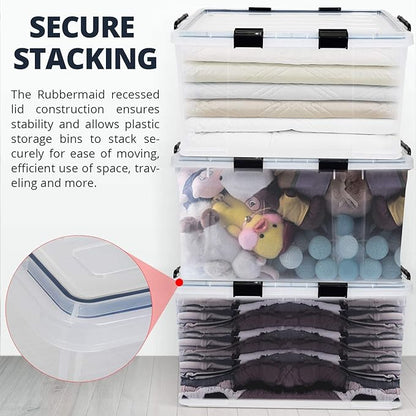 3-Pack Waterproof Plastic Storage Box, 90QT/85L Stackable Latch Box Durable Multi-Purpose Locking Bin with Lid and Black Clips for Bedding, Toys, Shoes and Clothes