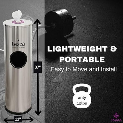 Tazza Gym Wipe Dispenser with Stainless Steel Floor Stand, Built-in Trash Can, Fitness Equipment Wipes Holder, 1.5 Gallon, Silver