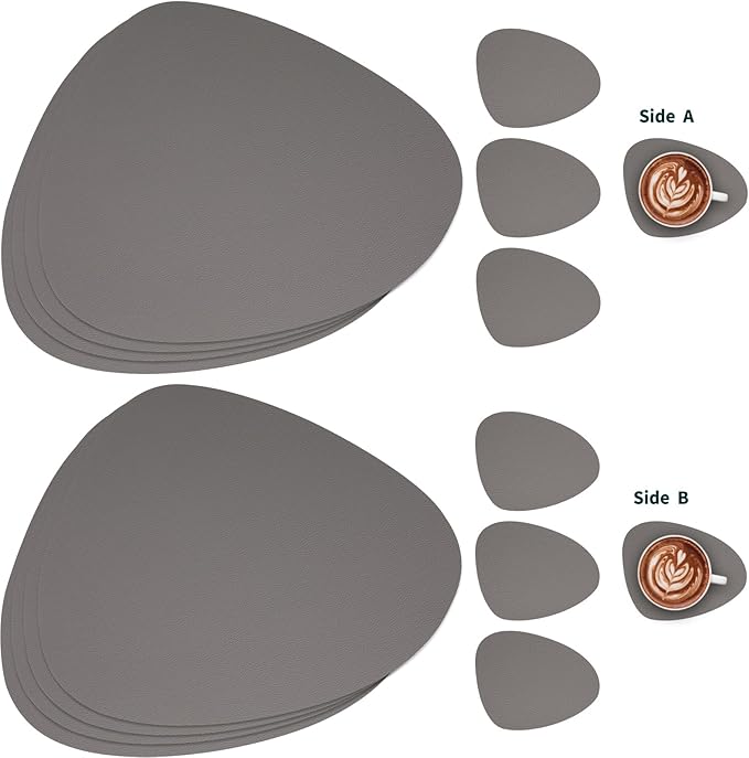 Myir JUN Placemats, Dual-Sided Placemats Waterproof Faux Leather Placemats Set of 6 Place Mats and Coasters Non-Slip Washable Table Mats for Dining Table (Gray, Set of 6)