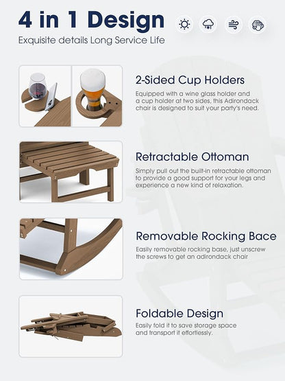 Adirondack Rocking Chair with Ottoman and Cup Holders | HDPE Porch Rocker - Image 3