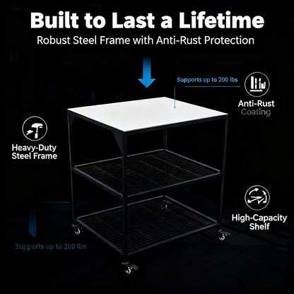 JIN BETTER GRILL PARTS Heavy-Duty Steel Frame Outdoor Kitchen Cart | Stainless Steel Tabletop & 4 Locking Wheels | 31.5" Versatile BBQ Workstation for Ninja, Blackstone, Pizza Ovens