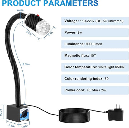 YJINGRUI 9W LED Magnetic Work Light, 900LM Super Bright Gooseneck Lamp with Strong Magnetic Base, 360° Flexible Shop Light for CNC Lathe, Sewing Machine, Workbench, Auto Repair, Grill & Indoor Tasks