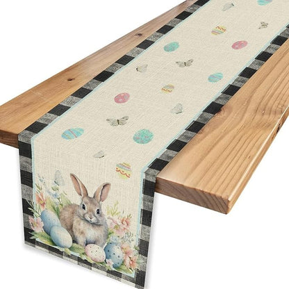 Easter Table Runner,Vinatge Black Plaid Rabbit Easter Eggs Butterflies Floral Spring Table Center Decor for Family Kitchen and Living Room Outdoor Farmhouse Party Table Decorations, 13"x36"