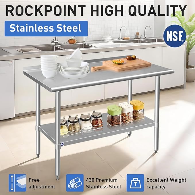 ROCKPOINT Stainless Steel Table for Prep & Work with Backsplash 18x48 Inches, NSF Metal Commercial Kitchen Heavy Duty Table with Adjustable Under Shelf and Table Foot for Restaurant, Home and Hotel