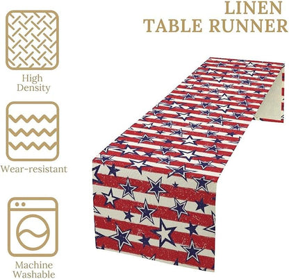 4th of July Table Runner, Vintage American Independence Day Stripes and Stars Patriotic Table Center Decor for Home Kitchen Dining Party Outdoor Holiday 13x120in