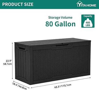 YITAHOME 80 Gallon Resin Deck Box, Weather Resistant Outdoor Rattan Storage Box, Lockable Indoor Outdoor Storage for Supplies and Essentials, Black
