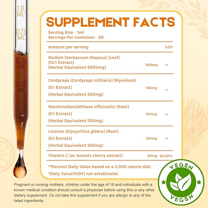 Mullein Drops for Lungs Liquid - Support Respiratory Herbal Supplement,Mullein Leaf Extract for Lungs Cleanse with Cordyceps, Marshmallow Root & Licorice Root Extract 2 fl oz