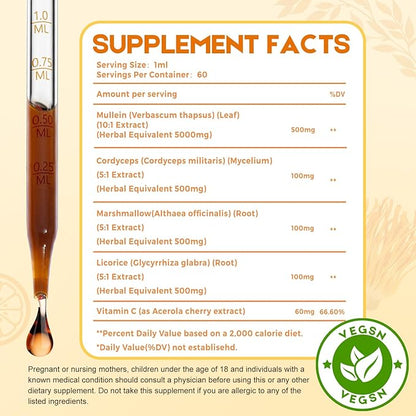 Mullein Drops for Lungs Liquid - Support Respiratory Herbal Supplement,Mullein Leaf Extract for Lungs Cleanse with Cordyceps, Marshmallow Root & Licorice Root Extract 2 fl oz