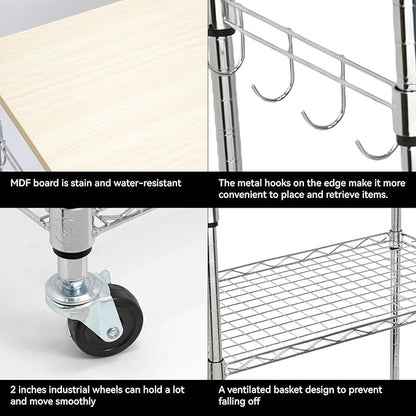 Chrome 3-Tier Rolling Kitchen Cart with Wheels 14" D x 24" W x 34" H and Wood Board Tabletop and 4 Hooks, 300 Pound Capacity, Great for Coffee Cart, Food Service Cart or Utinity and More.