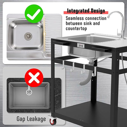 35” Outdoor Grill Cart with Sink, Outdoor Kitchen Sink Station with Hose Hook Up, Free Standing Sink with Wheels, Stainless Steel Sink with Single Bowl, Outdoor Utility Sink with Faucet