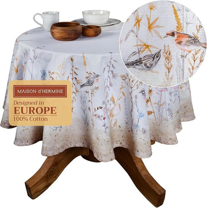 Maison d' Hermine Table Cloth Round Table 100% Cotton 63 Inches Tablecloth Reusable Decorative for Dining Room, Farmhouse, Home, Party, Festive & Wedding Spring Summer - Meadow Florals - Beige