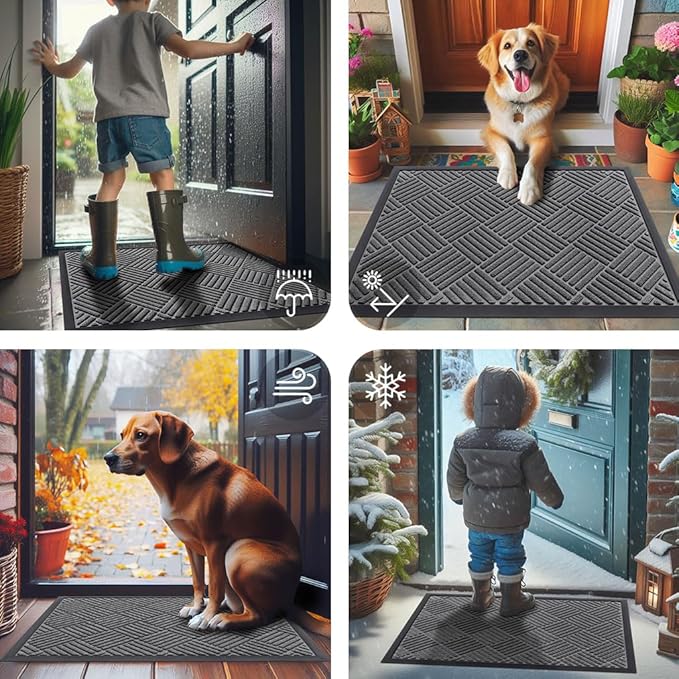 Smiry Front Door Mat Outside Entrance, Heavy Duty Outdoor Indoor Natural Rubber Doormat, Non Slip, Trap Dirt and Moisture, Easy Clean, Low Profile Patio Porch Entryway Mat, 59x23, Grey