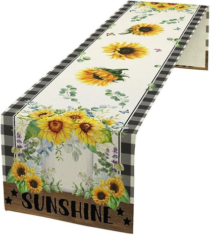 Sunflower Table Runner, Buffalo Floral Seasons Spring Summer Fall Table Runner for Kitchen Dining Farmhouse Home Party Outdoor 13x108in
