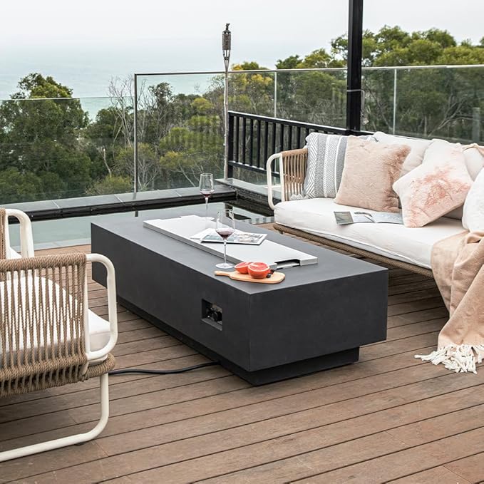 Elementi Granville Dark Grey Fire Pit Outdoor Firepit Set Includes 60” Natural Gas Concrete Firepit Table, Glass Windscreen, Stainless Steel & Canvas Cover, Floor Mat and Beverage Tub