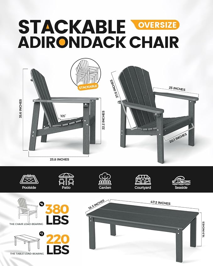 Stackable Set, 4 Chairs with 47in Table, All-Weather HDPE, 4 Stackable - Image 2