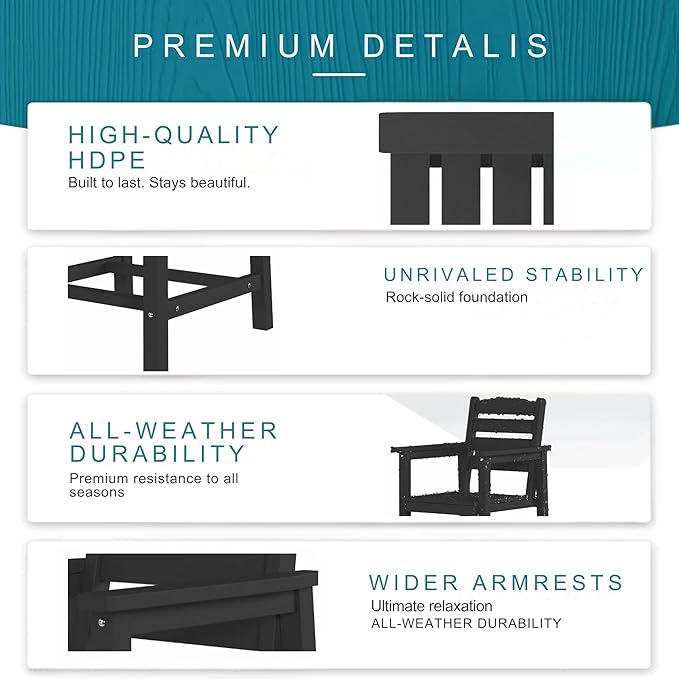 7 Piece Patio Dining Set with 11ft Patio Umbrella (Yellow), 7 Black Outdoor HDPE Dining Set with 6 Chairs + 1 Large Table with 2" Umbrella Hole, for Market, Pool, Garden, Backyard, Deck