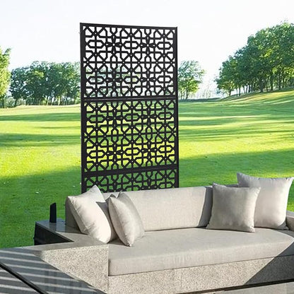 75" H×35" W Decorative Outdoor Privacy Screen with Stand, Outdoor Decor Privacy Fence Screen Metal Fence Panels, Free Standing Metal Divider for Patio Lawn Deck (Black-Knot)