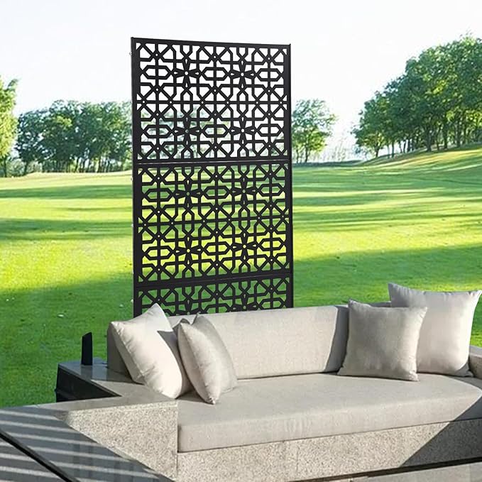 Outdoor Metal Privacy Screen with Stand, 35.4" W x 75" H Freestanding Metal Slatted Decorative Privacy Screen and Panels for Patio Garden Balcony Porch (Black Polygonal)
