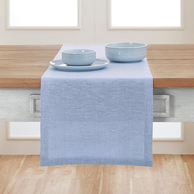 Solino Home Linen Chambray Blue Table Runner 132 Inches Long - Athena, 100% Pure Linen Dining Table Runner 14 x 132 Inch for Spring, Easter