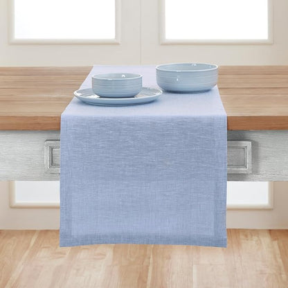 Solino Home Linen Table Runner 120 Inches Long - Athena, 100% Pure Linen Chambray Blue Table Runner 14 x 120 Inch for Dining, Winter, Spring, Easter