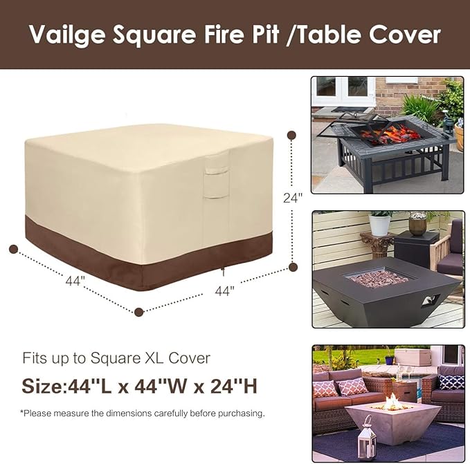 Vailge Fire Pit Cover Square,100% Waterproof Square Gas Firepit Table Cover,Outdoor Heavy Duty Lawn Patio Furniture Covers with Air Vent and Handle,44"L x 44"W x 24"H,Beige & Brown