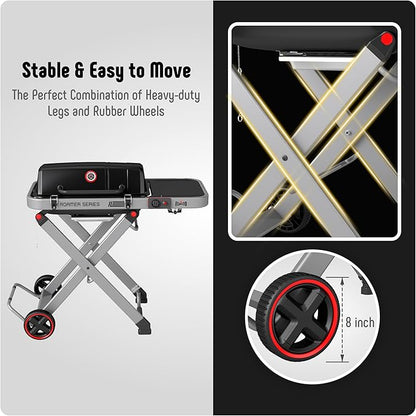 Portable Propane Gas Grill with Folding Cart & 13000 BTUs Burner, 360 Sq. In. Cast Iron Cooking Grates, Side Table, 8" Wheels, Stainless Grease Tray, Black Includes Propane Adapter Hose.