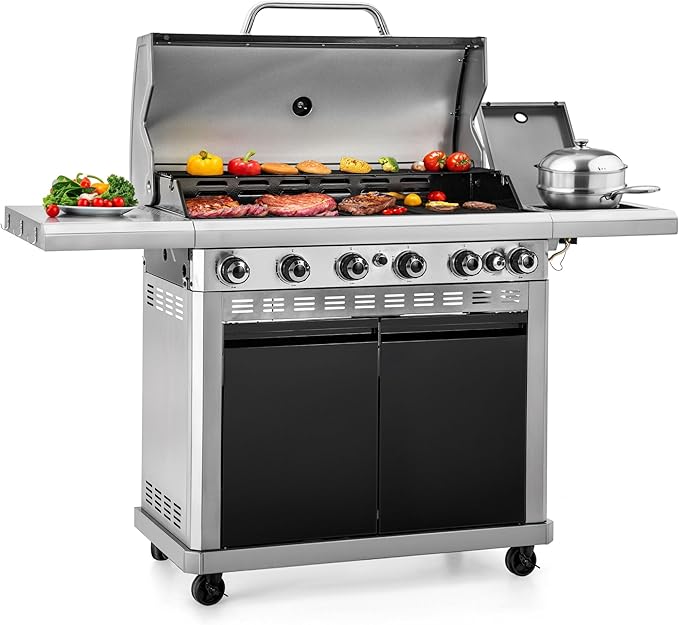 Sophia & William 6-Burner Propane Gas BBQ Grill with Side Burner & Porcelain-Enameled Cast Iron Grates, Gas Grill Griddle Combo for Outdoor Cooking, Barbecue Events, 740 SQ.IN. Cooking Area, Black