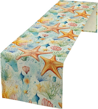 Starfish Conch Shell Table Runners, Season Coastal Marine Life Table Runners for Kitchen Dining Outdoor Home Party 13x36in