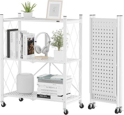 ALANNG Storage Shelves with Wheels, Bookshelf with Storage, No Assembly Metal Rack Cart for Kitchen, Office, Laundry, Garage (3 Tier, White)