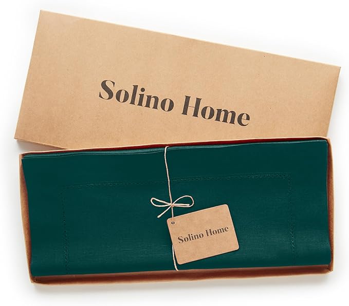 Solino Home Cotton Linen Dark Green Table Runner 72 Inches Long - Hemstitch Table Runner 14 x 72 Inch for Dresser, Dining, St Patricks Day
