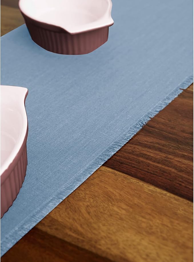 Solino Home Linen Dusty Chambray Blue Table Runner 90 Inches Long - Fringe, 100% Pure Linen Dining Table Runner 14 x 90 Inch for Winter, Spring, Easter