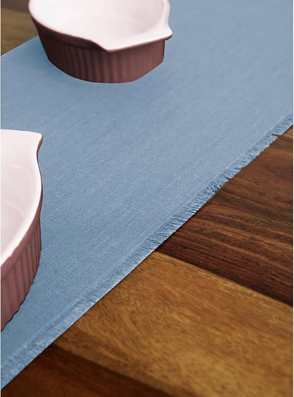 Solino Home Fringe Linen Table Runner 120 Inches Long - 100% Pure Linen Dusty Chambray Blue Dining Table Runner 14 x 120 Inch for Winter, Spring, Easter
