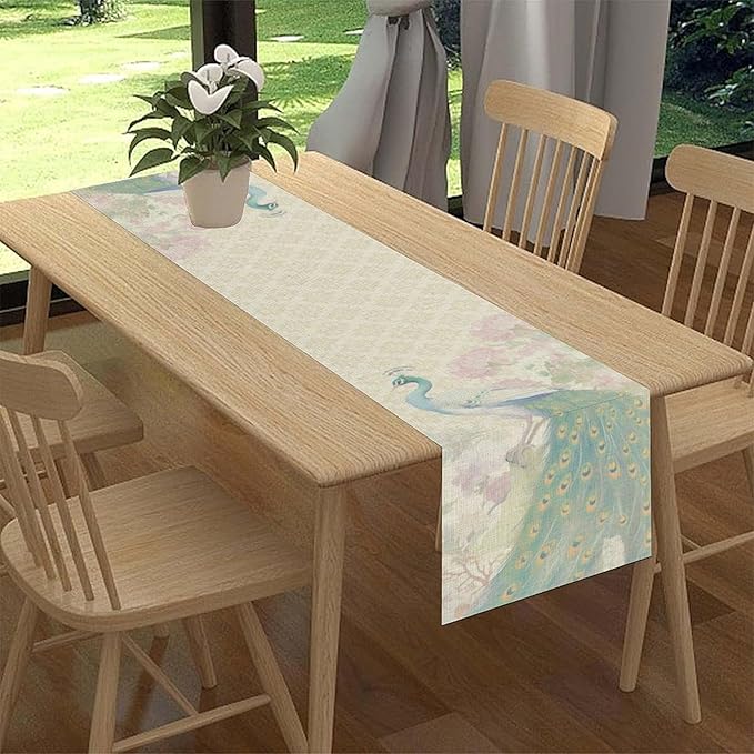Peacock Table Runner,Rustic Traditional Chinese Style Watercolor Peacock Pink Flora Elegant Table Center Decor for Family Kitchen Table Decorations Indoor Outdoor, 13"x108"
