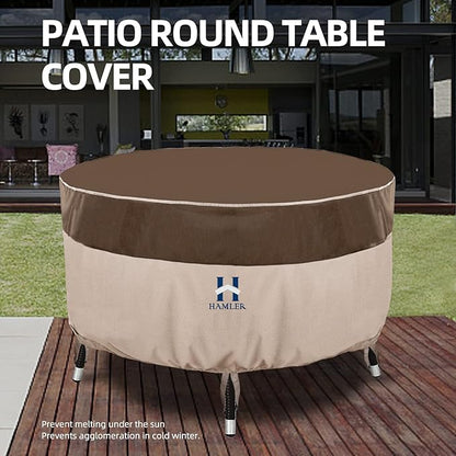 HAMLER Round Outdoor Table Cover, Heavy Duty Outdoor Table Chair Set Covers with Air Vents and Handles, Patio Table Cover Fits up to 110" D x 27.5" H, Brown & Beige