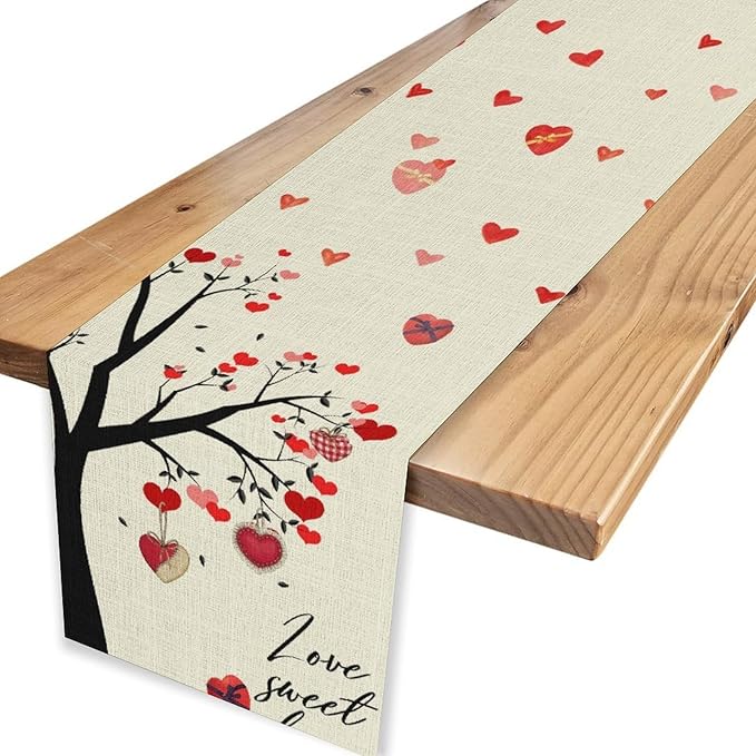 Valentines Day Table Runner,Rustic Love Tree Red Black Heart Valentines Runner for Table Seasonal Artistic Decor for Indoor Outdoor Dining Table Decorations, 13"x72"