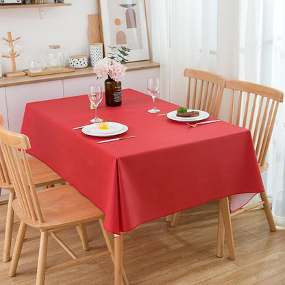 LIBERECOO Vinyl Tablecloth with Flannel Backing, Solid Red, Waterproof, Stain-Resistant, Easy-Clean Table Cover for Holiday, Dining, Kitchen, and Outdoor Use, 60" x 102" Rectangle