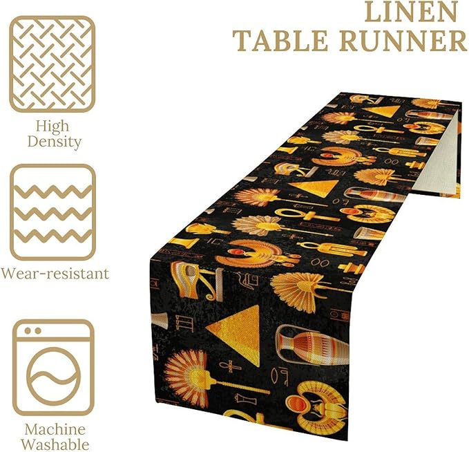 Egyptian Table Runner, Retro Egypt Mural Old Hieroglyphic Elements Ancient Mythology Hieroglyph Symbol Printed Kitchen Dining Table Runner for Kitchen Living Room Home Party 13x36in