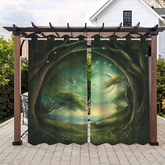 Forest Theme Outdoor Curtains for Patio Waterproof,Trees Moon Lake Pattern,Grommet Curtain for Bedroom, Porch, Living Room, Pergola, Cabana,Set of 2 Panels,54 x 108 inch,Green
