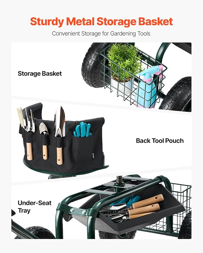 VEVOR Garden Seat with Wheels, Rolling Garden Stool with Height Adjustable & - Image 5