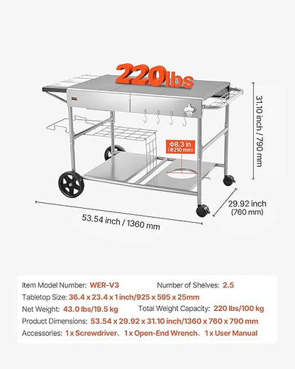 VEVOR Outdoor Grill Cart, 36.4 x 23.4 x 1 inch Tabletop Size Grilling Table, Movable Outdoor Cooking Table with 4 Spice Containers, Wheels, Lids, Hooks, BBQ Prep Tables for Picnic, Kitchen, Courtyard
