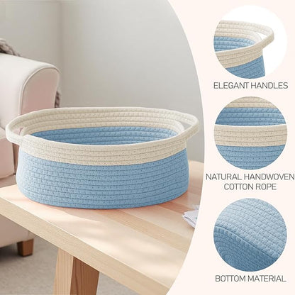 Woven Basket,Small Rope Storage Bin with Handles & Ribbon Bag, Organizer for Shelves Closets,Gift Basket Empty for Birthday,Books,Dog Toys, White&Blue/3 Pack