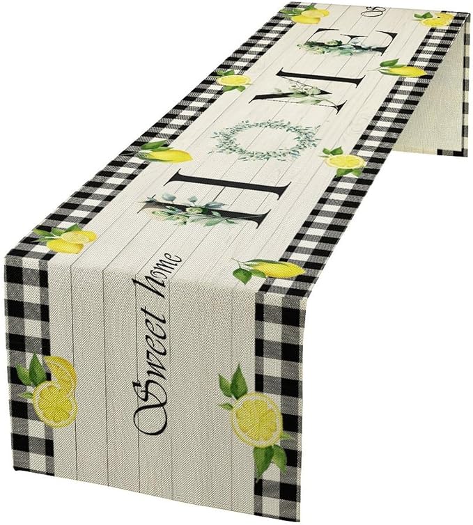 Lemon Fruit Home Table Runner,Vintage Farmhouse Rustic Black White Buffalo Plaid Dining Table Decoration for Home Holiday Party Dresser Kitchen Cabin Restaurant Wedding Decor 13×70in