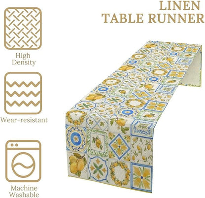 Yellow Lemon Summer Table Runner, Watercolor Spring Yellow and Blue Flower Hawaiian Style Table Runner for Holiday Party Home Kitchen Dining Table, 13x60inch
