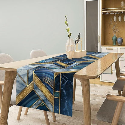 Marble Texture Table Runner, Dark Blue Gold Modern Mosaic Design Table Runner Decoration for Kitchen Family Dinner Table Holiday Party Farmhouse 13x60in