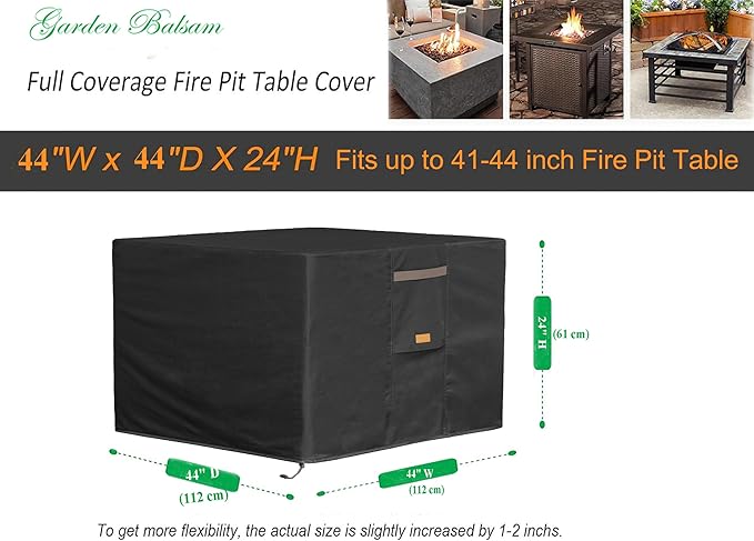 Fire Pit Cover 600D Heavy Duty Waterproof Fabric With PVC Coating Square 44" Wx 44" D x 24" H Black Fits for 41-44 Inch Fire Pit Table Fade Resistant Outdoor Firepit Cover