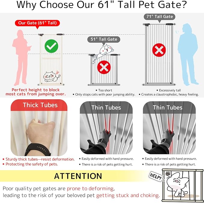 Lumizone Extra Tall Cat Gate 61.02" High Pressure Mounted Extra Wide 63.39"-67.32" (17Sizes) 1.37" Gap No Drilling Auto-Close Tall Pet Gate for Dogs (Cream, 63.39"-67.32" W)