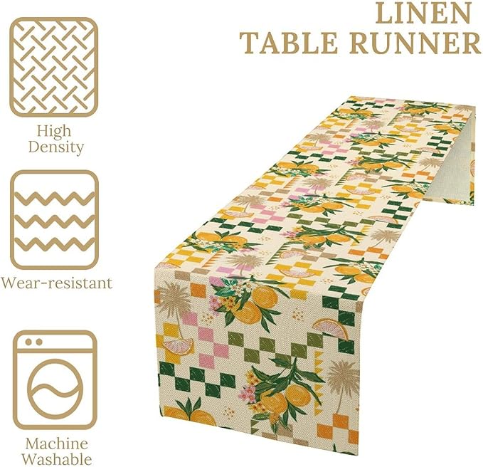 Tropical Summer Fruit Table Runner, Orange Square Grid Lemon Beach Ocean Table Runner for Kitchen Dining Party Holiday Home 13x108in